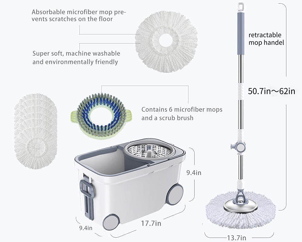 Global Cleaning™ Spin Mop Bucket Deluxe 360 Spinning Floor Cleaning System with 6 Microfiber Replacement Head Refills,62" Extended Handle,4X Wheel for Home Cleaning