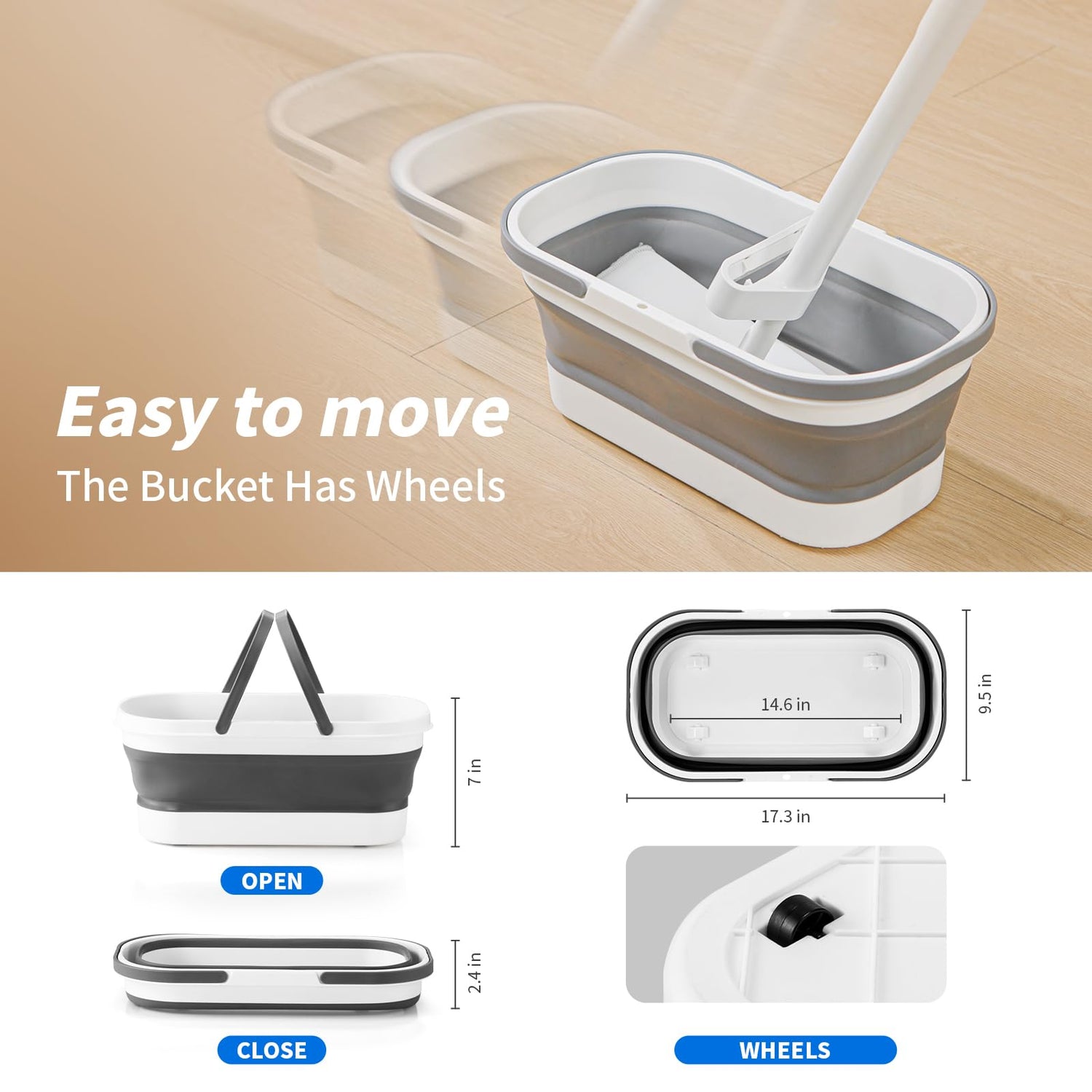 Global Cleaning™ Flat Mop and Collapsible Bucket OG7, Mop and Bucket for Floor Cleaning, Foldable Bucket with Wheels, 2 Washable & Reusable Microfiber Pads