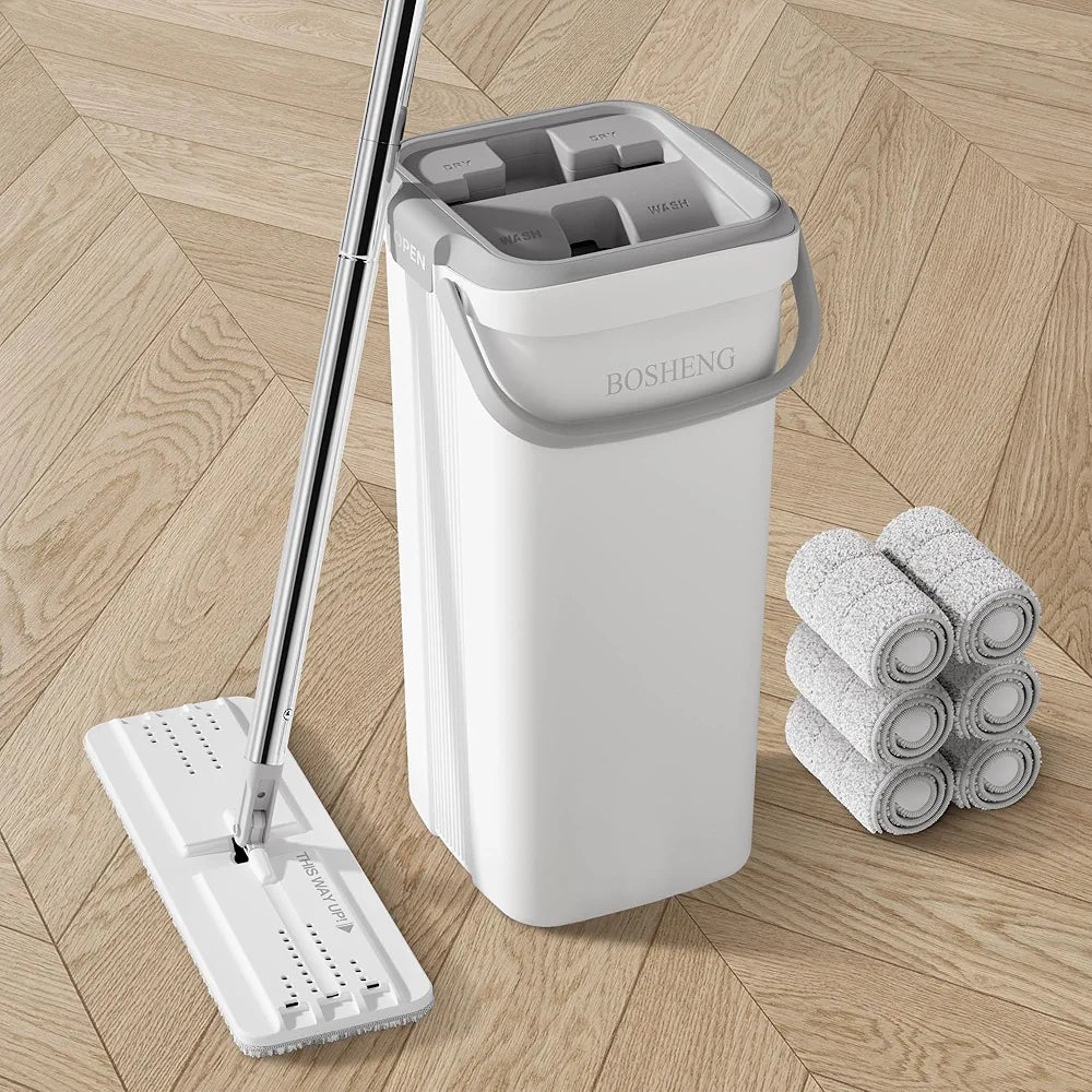 Global Cleaning™ Mop and Bucket with Wringer Set, Easy-to-Use Flat Floor Mop for Efficient Home Cleaning, Includes 2 Reusable Microfiber Pads, Ideal for Floors and Walls