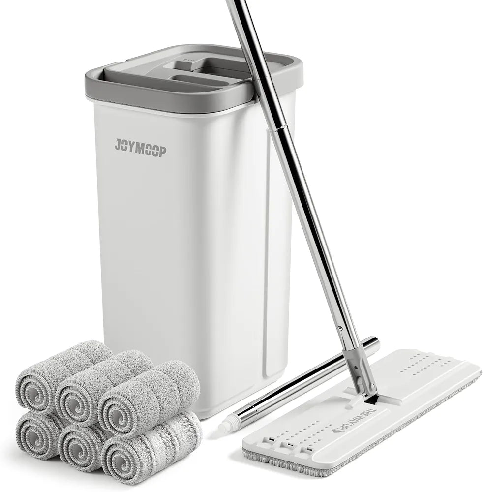 Global Cleaning™ Mop and Bucket with Wringer Set, Hands Free Flat Floor Mop and Bucket, with 3 Washable Microfiber Pads, Wet and Dry Use, Floor Cleaning System