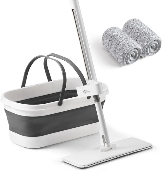 Global Cleaning™ Flat Mop and Collapsible Bucket OG7, Mop and Bucket for Floor Cleaning, Foldable Bucket with Wheels, 2 Washable & Reusable Microfiber Pads