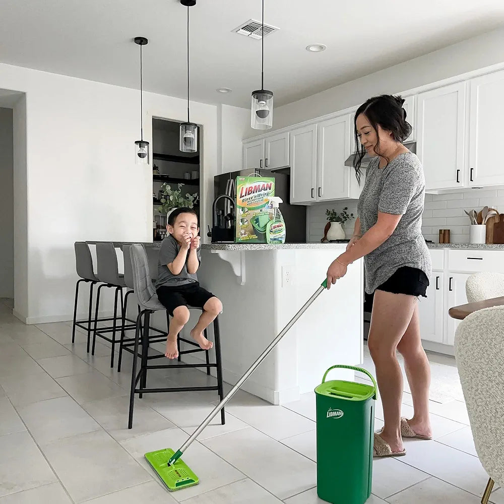 Global Cleaning™  Rinse 'n Wring Mop and Bucket System | Microfiber Floor Mop | Hardwood Floor Cleaner | Wet & Dry Mop | Clean & Dirty Water Chambers | Power Blades | 2 Total Microfiber Pads,Green