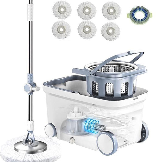 Global Cleaning™ Spin Mop Bucket Deluxe 360 Spinning Floor Cleaning System with 6 Microfiber Replacement Head Refills,62" Extended Handle,4X Wheel for Home Cleaning