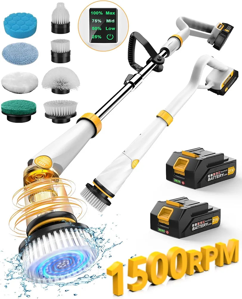 Global Cleaning™  Electric Spin Scrubber with Two Batteries Q2 Pro,1500 Rr Electric Scrubber for Cleaning,Shower Cordless Cleaning Brush with DiPM High Powesplay for Tub/Tile/Floor (Effortless Handle/8 Brushes)