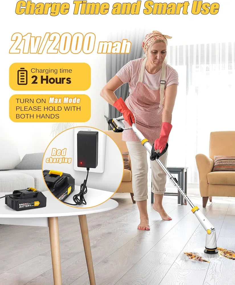 Global Cleaning™  Electric Spin Scrubber with Two Batteries Q2 Pro,1500 Rr Electric Scrubber for Cleaning,Shower Cordless Cleaning Brush with DiPM High Powesplay for Tub/Tile/Floor (Effortless Handle/8 Brushes)