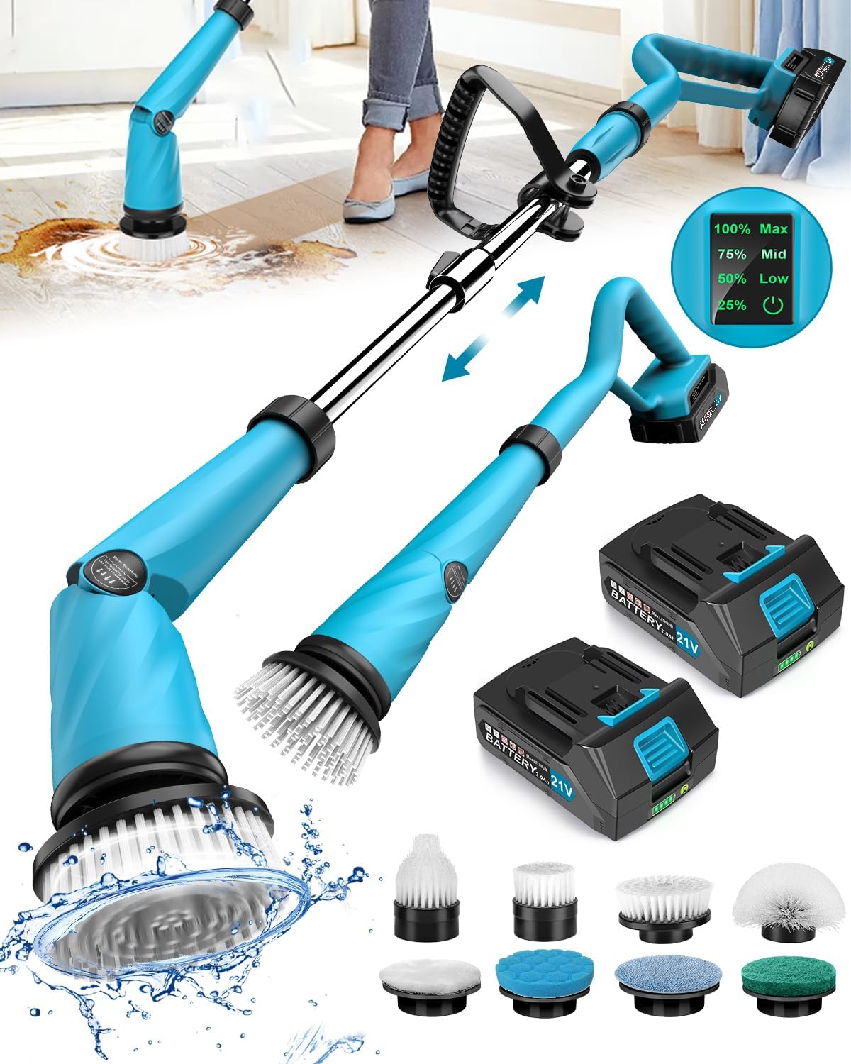 Global Cleaning™  Electric Spin Scrubber with Two Batteries Q2 Pro,1500 Rr Electric Scrubber for Cleaning,Shower Cordless Cleaning Brush with DiPM High Powesplay for Tub/Tile/Floor (Effortless Handle/8 Brushes)