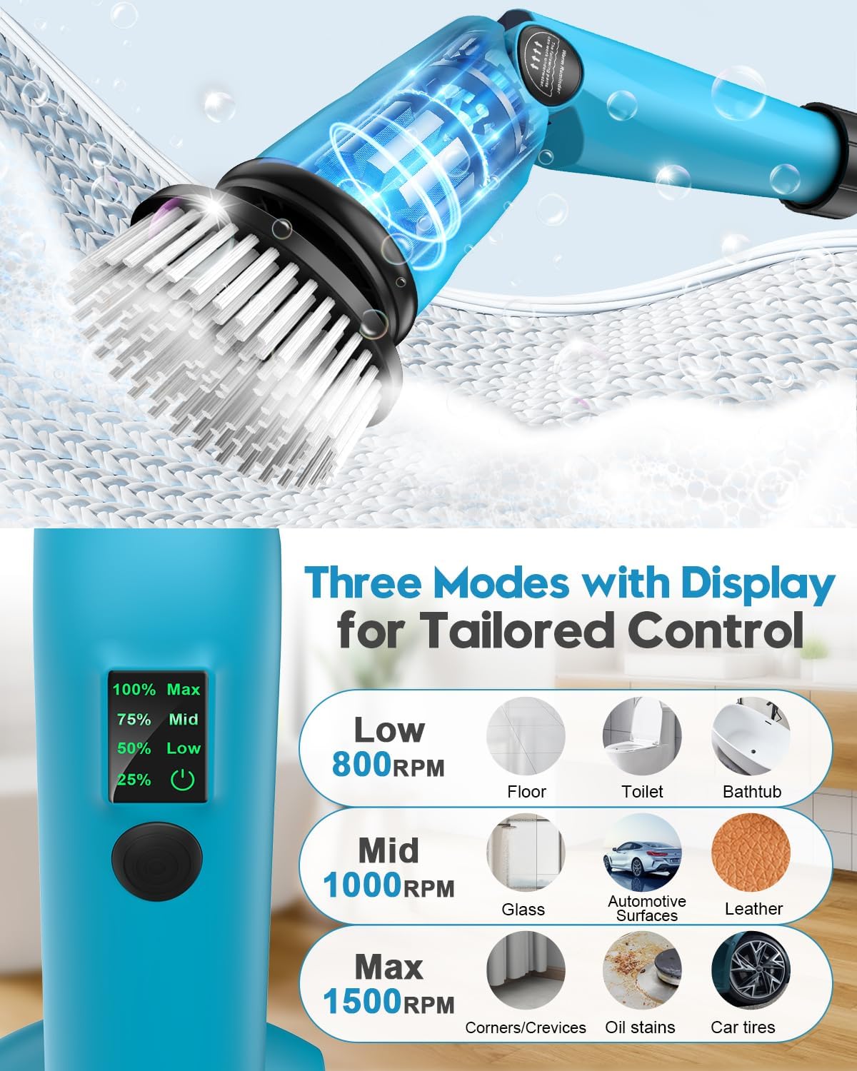 Global Cleaning™  Electric Spin Scrubber with Two Batteries Q2 Pro,1500 Rr Electric Scrubber for Cleaning,Shower Cordless Cleaning Brush with DiPM High Powesplay for Tub/Tile/Floor (Effortless Handle/8 Brushes)