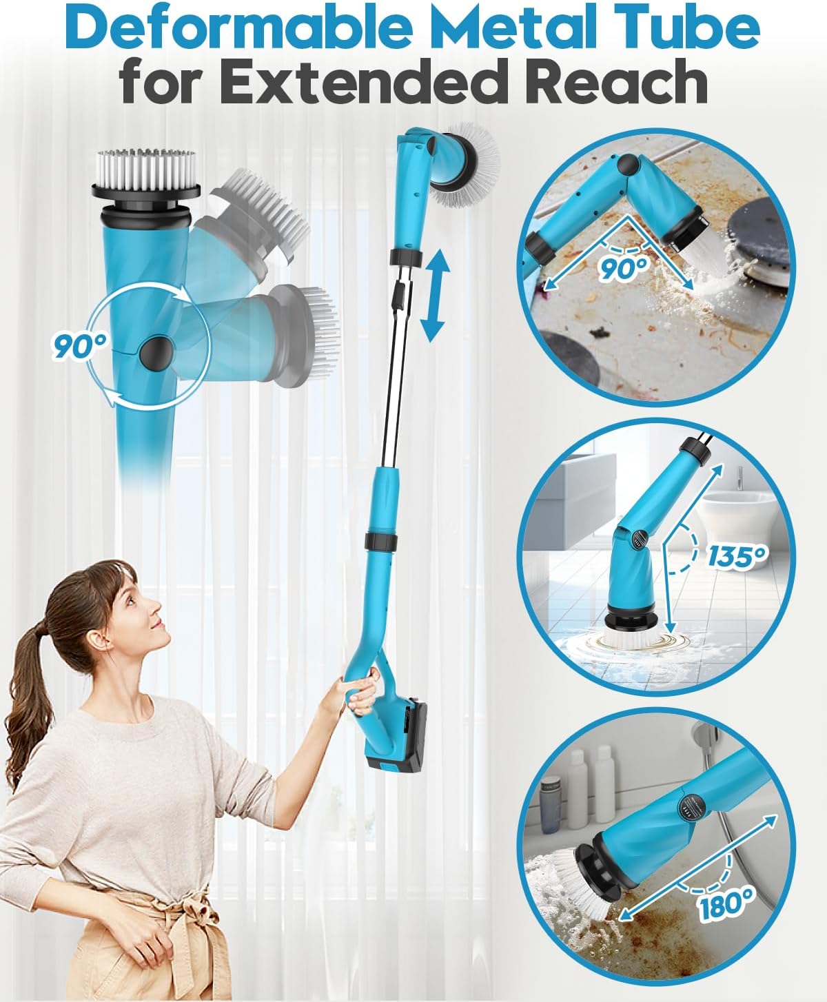 Global Cleaning™  Electric Spin Scrubber with Two Batteries Q2 Pro,1500 Rr Electric Scrubber for Cleaning,Shower Cordless Cleaning Brush with DiPM High Powesplay for Tub/Tile/Floor (Effortless Handle/8 Brushes)