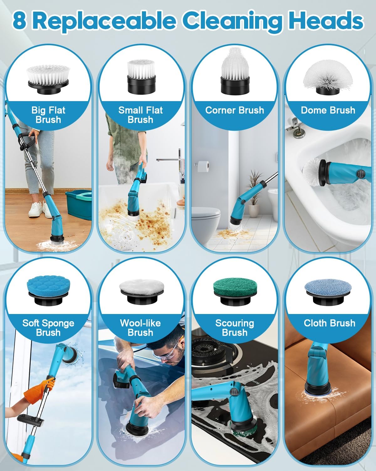 Global Cleaning™  Electric Spin Scrubber with Two Batteries Q2 Pro,1500 Rr Electric Scrubber for Cleaning,Shower Cordless Cleaning Brush with DiPM High Powesplay for Tub/Tile/Floor (Effortless Handle/8 Brushes)