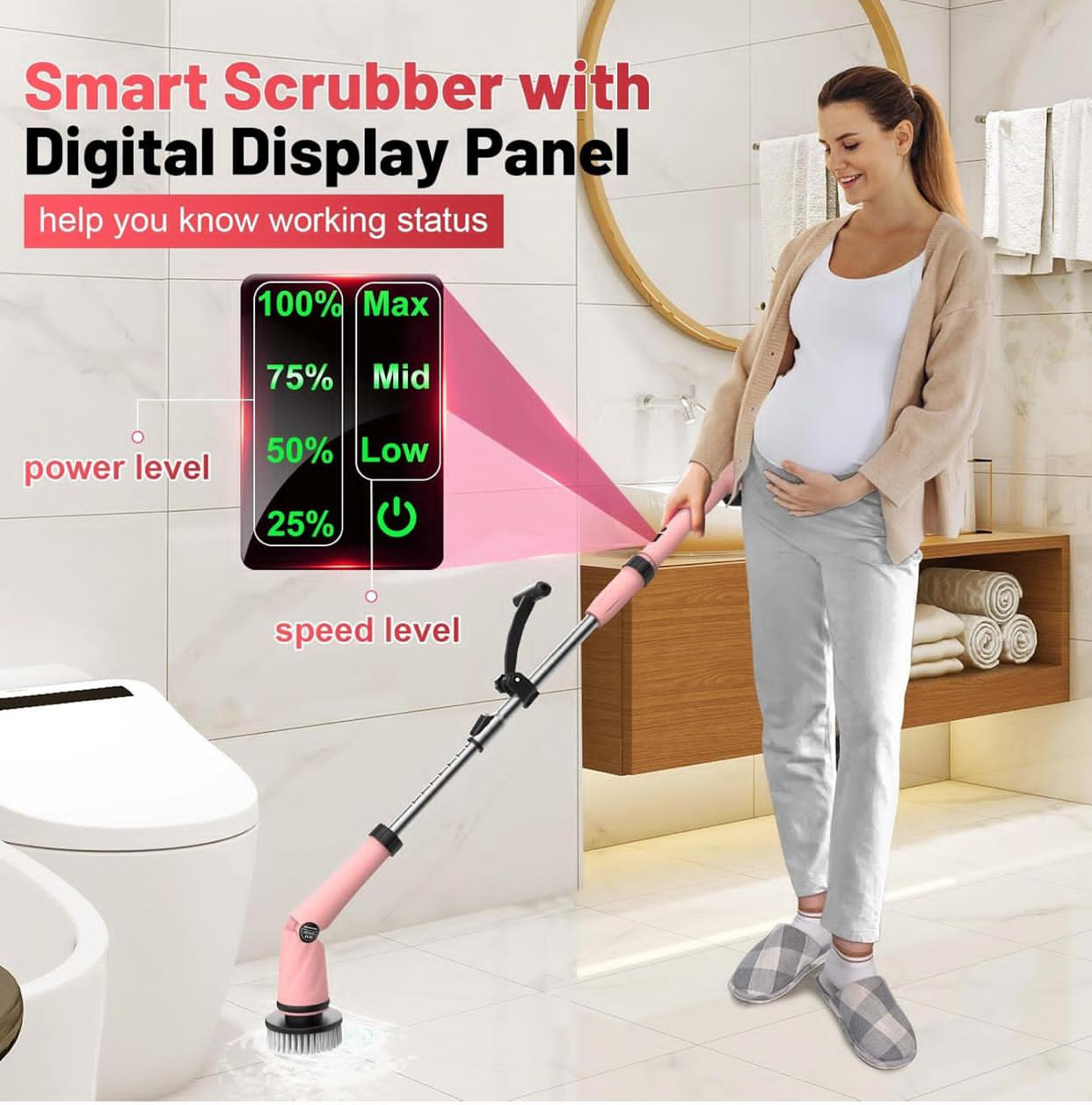 Global Cleaning™  Electric Spin Scrubber with Two Batteries Q2 Pro,1500 Rr Electric Scrubber for Cleaning,Shower Cordless Cleaning Brush with DiPM High Powesplay for Tub/Tile/Floor (Effortless Handle/8 Brushes)