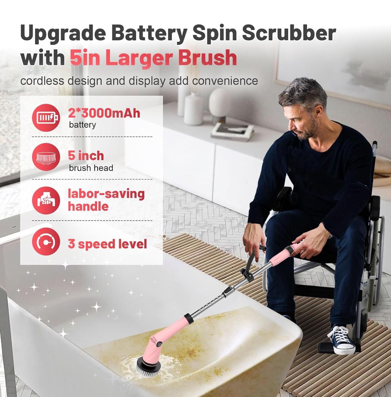 Global Cleaning™  Electric Spin Scrubber with Two Batteries Q2 Pro,1500 Rr Electric Scrubber for Cleaning,Shower Cordless Cleaning Brush with DiPM High Powesplay for Tub/Tile/Floor (Effortless Handle/8 Brushes)