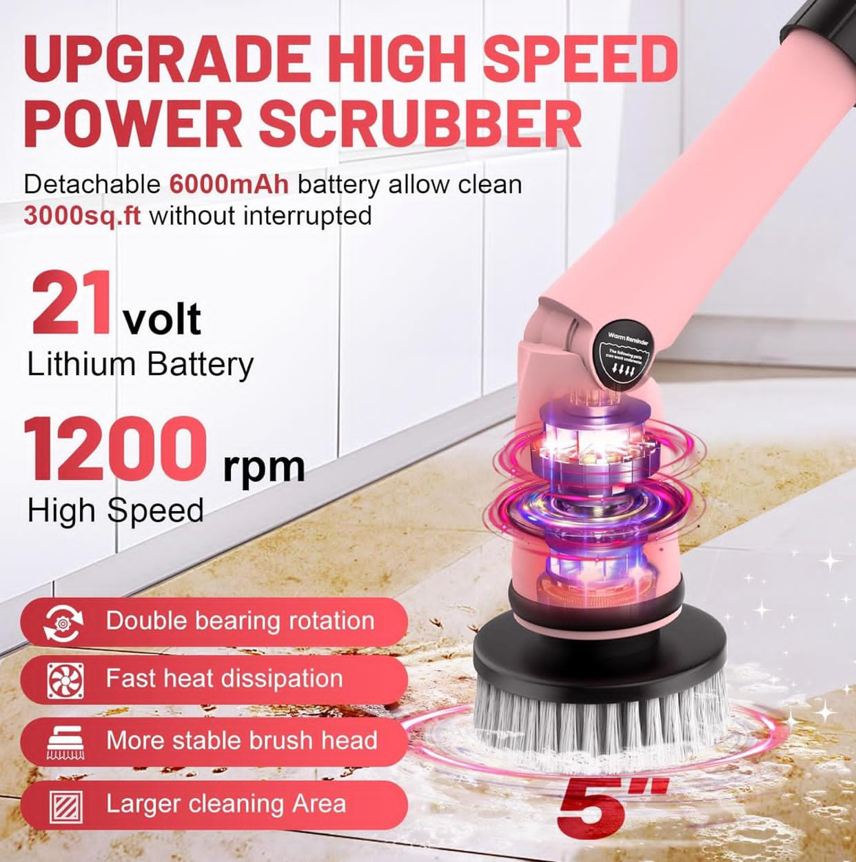 Global Cleaning™  Electric Spin Scrubber with Two Batteries Q2 Pro,1500 Rr Electric Scrubber for Cleaning,Shower Cordless Cleaning Brush with DiPM High Powesplay for Tub/Tile/Floor (Effortless Handle/8 Brushes)