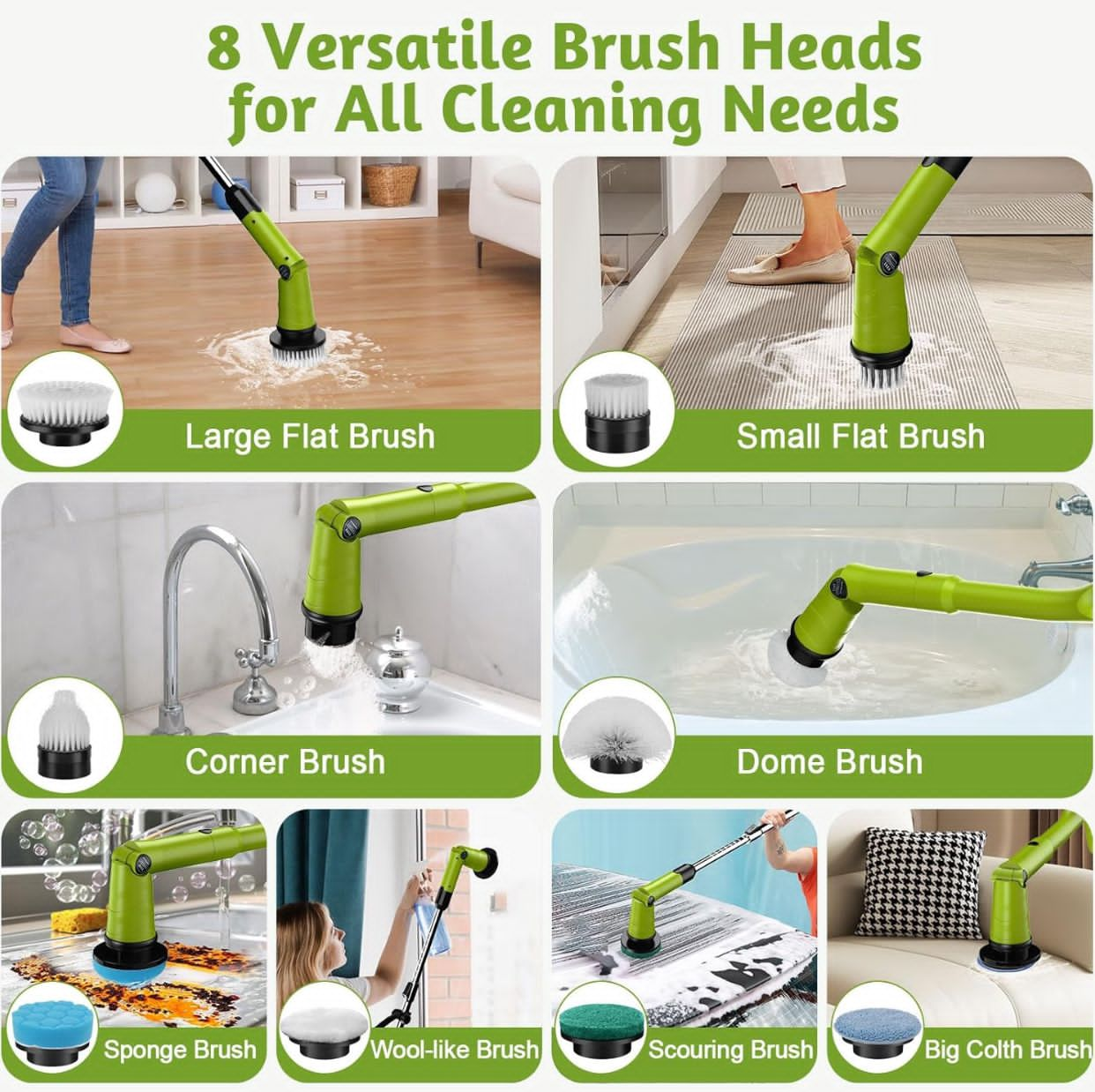 Global Cleaning™  Electric Spin Scrubber with Two Batteries Q2 Pro,1500 Rr Electric Scrubber for Cleaning,Shower Cordless Cleaning Brush with DiPM High Powesplay for Tub/Tile/Floor (Effortless Handle/8 Brushes)