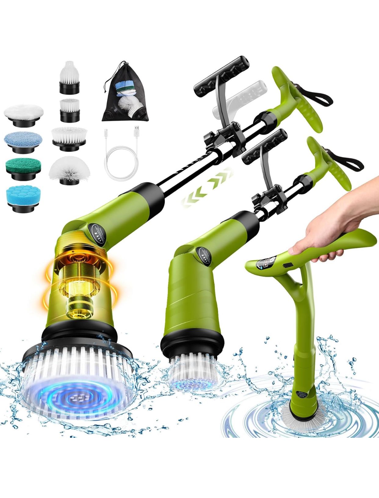 Global Cleaning™  Electric Spin Scrubber with Two Batteries Q2 Pro,1500 Rr Electric Scrubber for Cleaning,Shower Cordless Cleaning Brush with DiPM High Powesplay for Tub/Tile/Floor (Effortless Handle/8 Brushes)