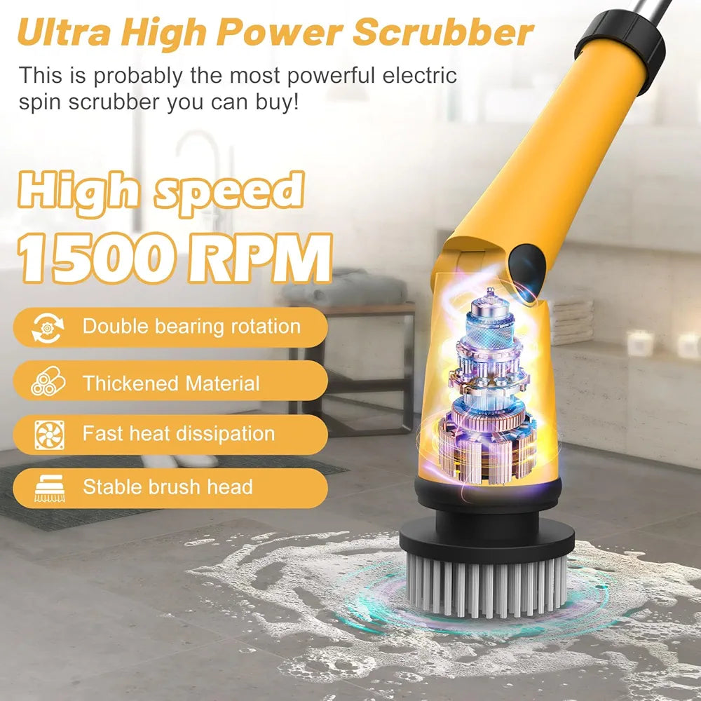 Global Cleaning™  Electric Spin Scrubber with Two Batteries Q2 Pro,1500 Rr Electric Scrubber for Cleaning,Shower Cordless Cleaning Brush with DiPM High Powesplay for Tub/Tile/Floor (Effortless Handle/8 Brushes)