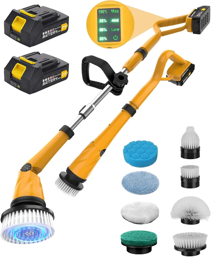 Global Cleaning™  Electric Spin Scrubber with Two Batteries Q2 Pro,1500 Rr Electric Scrubber for Cleaning,Shower Cordless Cleaning Brush with DiPM High Powesplay for Tub/Tile/Floor (Effortless Handle/8 Brushes)