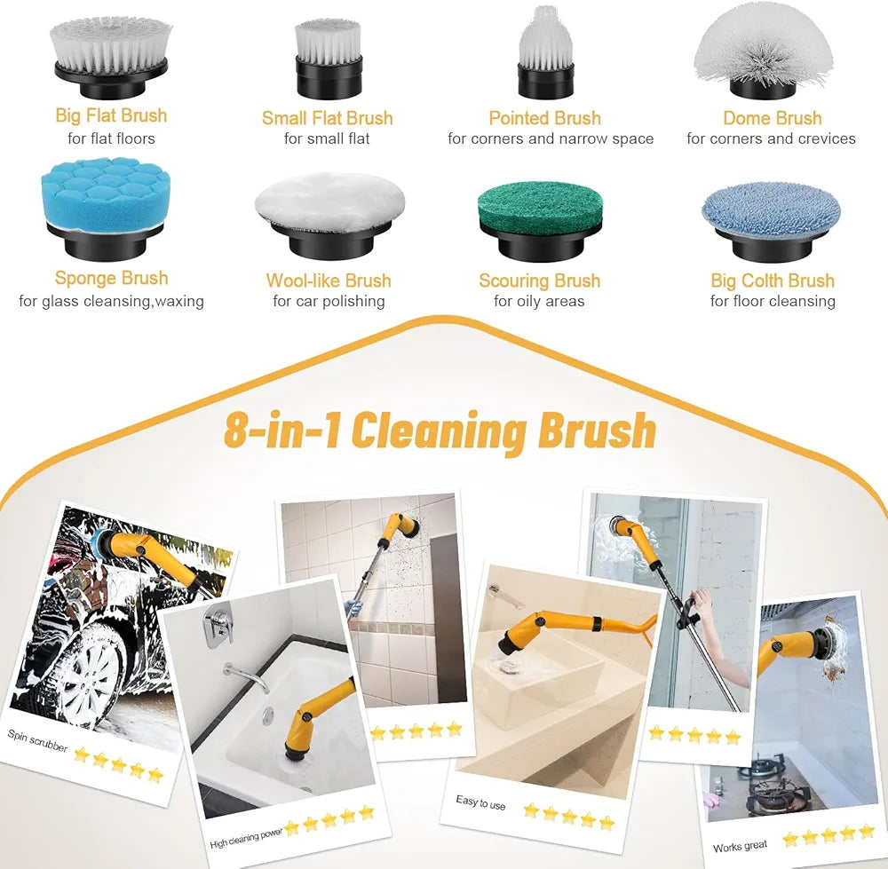 Global Cleaning™  Electric Spin Scrubber with Two Batteries Q2 Pro,1500 Rr Electric Scrubber for Cleaning,Shower Cordless Cleaning Brush with DiPM High Powesplay for Tub/Tile/Floor (Effortless Handle/8 Brushes)