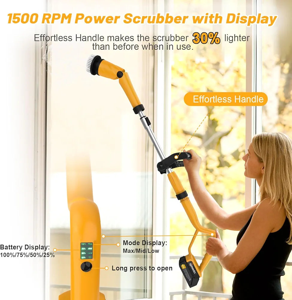 Global Cleaning™  Electric Spin Scrubber with Two Batteries Q2 Pro,1500 Rr Electric Scrubber for Cleaning,Shower Cordless Cleaning Brush with DiPM High Powesplay for Tub/Tile/Floor (Effortless Handle/8 Brushes)