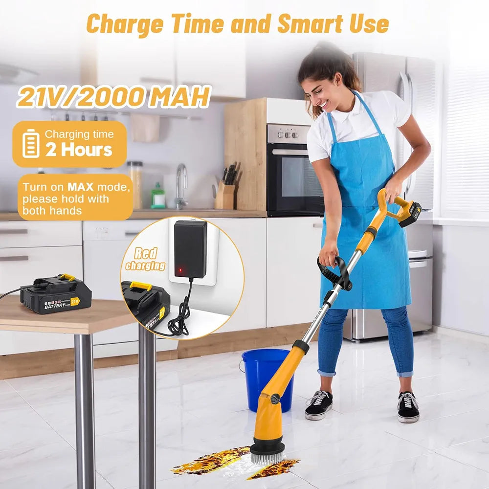 Global Cleaning™  Electric Spin Scrubber with Two Batteries Q2 Pro,1500 Rr Electric Scrubber for Cleaning,Shower Cordless Cleaning Brush with DiPM High Powesplay for Tub/Tile/Floor (Effortless Handle/8 Brushes)